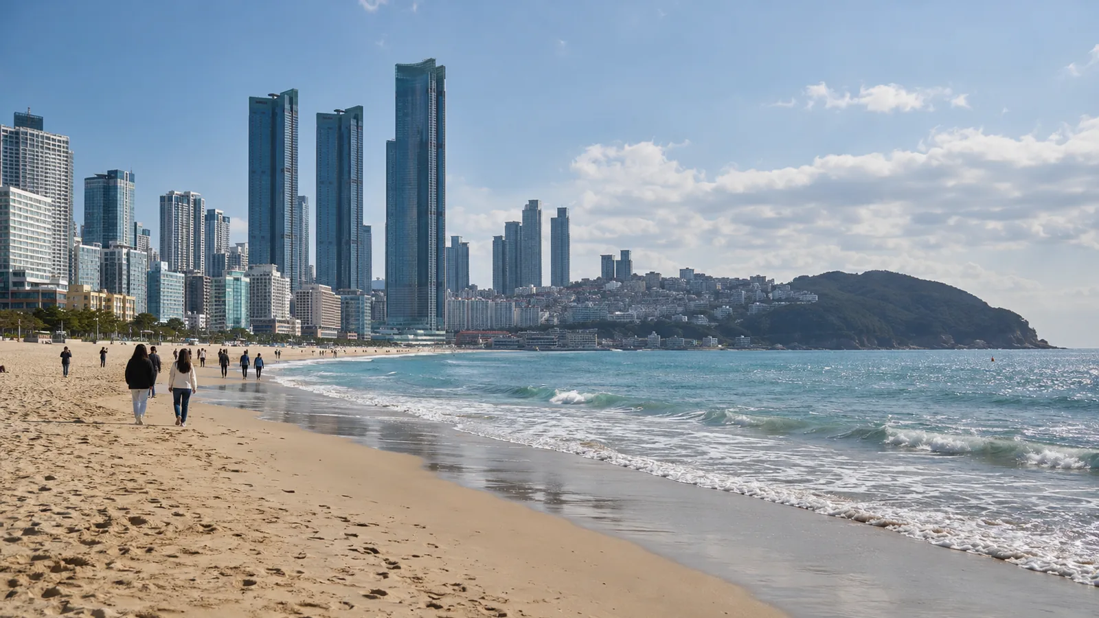 People walking along Haeundae Beach in Busan with high-rise towers and a green headland