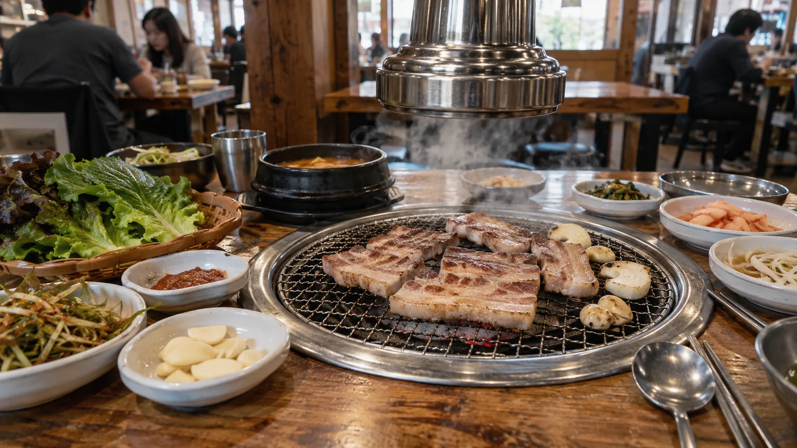 Pork belly grilling over charcoal at a Korean barbecue table with lettuce, kimchi and side dishes
