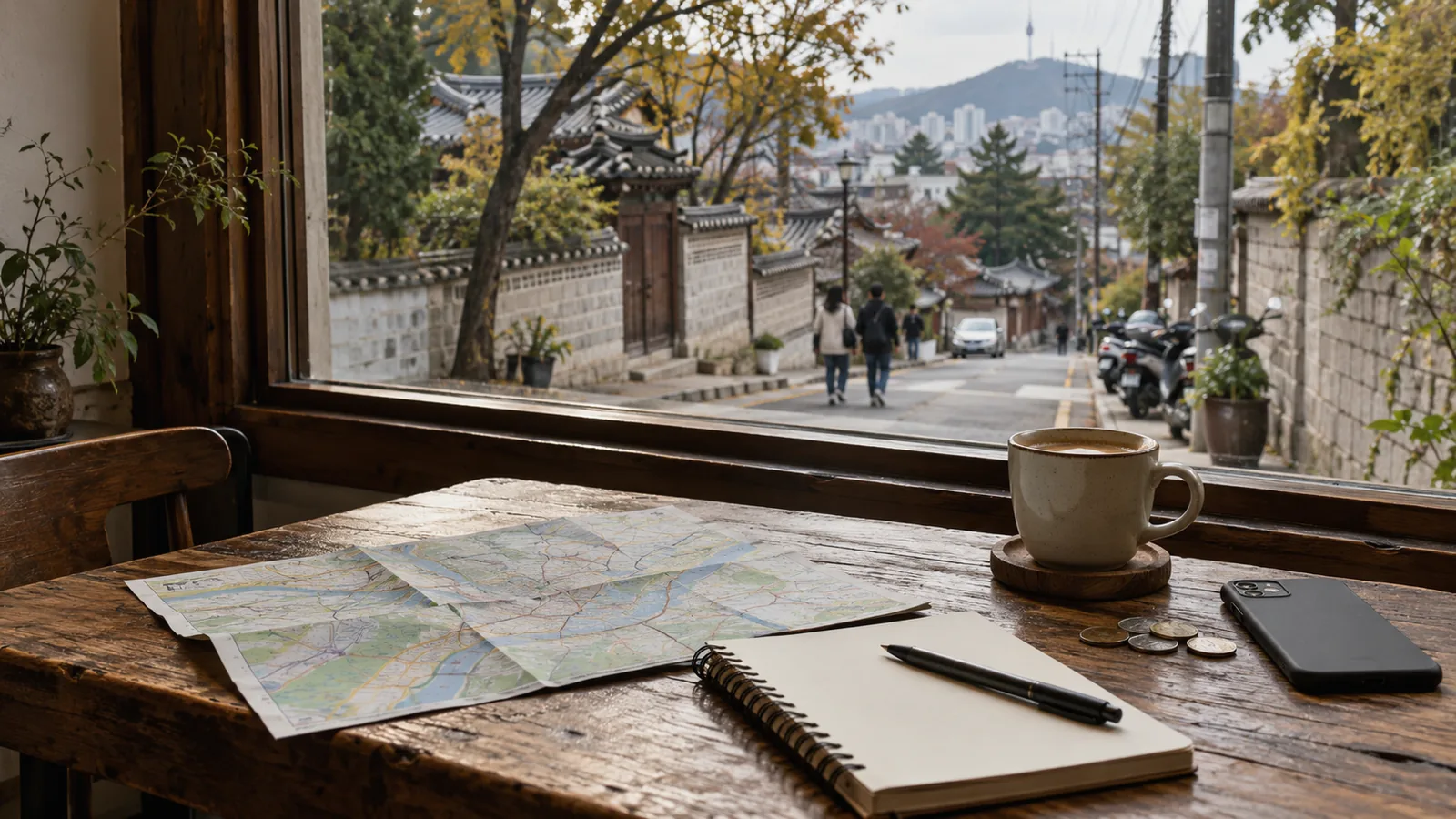 A paper map, notebook, coffee and coins on a cafe table by a window overlooking a Seoul hanok street